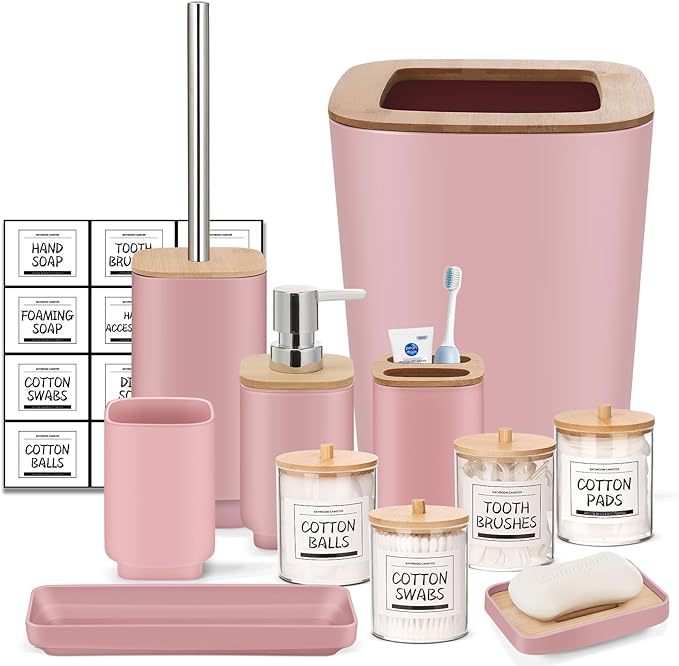 IMAVO 11 Piece Pink Bathroom Set, Trash Can, Toilet Brush, Storage Tray, Complete Bathroom Accessories Organization Kit for Bathroom Décor and Home Gifts