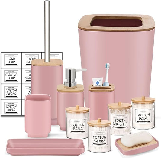 IMAVO 11 Piece Pink Bathroom Set, Trash Can, Toilet Brush, Storage Tray, Complete Bathroom Accessories Organization Kit for Bathroom Décor and Home Gifts