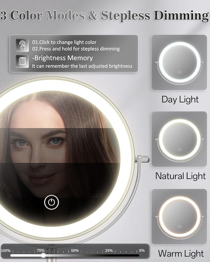 vpu Makeup Mirror with Lights, 1X/30X Lighted Magnifying Mirror Height Adjustable, 3000mAh Rechargeable Double Sided Vanity Mirrors with 3 LED Lighting and Adjustable Brightness for Desk Women Gift
