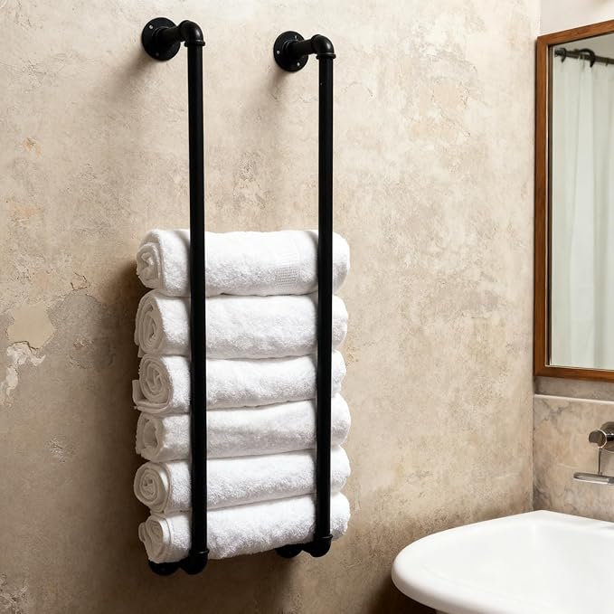 Towel Racks for Bathroom Wall Mounted,36 Inch Industrial Pipe Towel Rack Storage Organizer Hanging Towel Holder(Black)