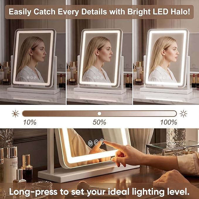 Vanity Mirror with Lights, 18"x13" Hollywood Lighted Makeup Mirror for Tabletop & Bedroom 3 Color Lighting Modes Smart Touch Control 360° Rotation Detachable