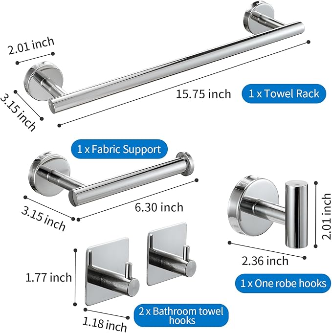 Chromed Bathroom Hardware Set, 5 Pieces Bathroom Accessories Set,SUS304 Stainless Steel 16 Inch Bath Towel Bar Set Wall Mounted,Robe Towel Hooks, Toilet Paper Holder,Towel Racks for Bathroom SP-60008
