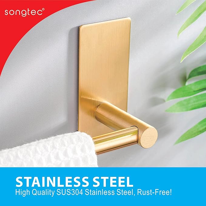 Songtec Gold Towel Bar 16-Inch, Adhesive Stick On Bath Towel Rack No Drill, Strong Adhesion Tape Mount Towel Holder, Stainless Steel - Brushed Gold
