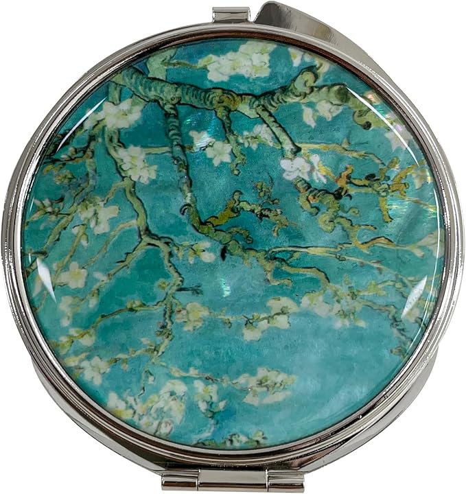 Portable Makeup Compact Double Magnifying Mirror Cosmestic Foldable Pocket Style Unique Mother of Pearl Design (Almond Blossom)