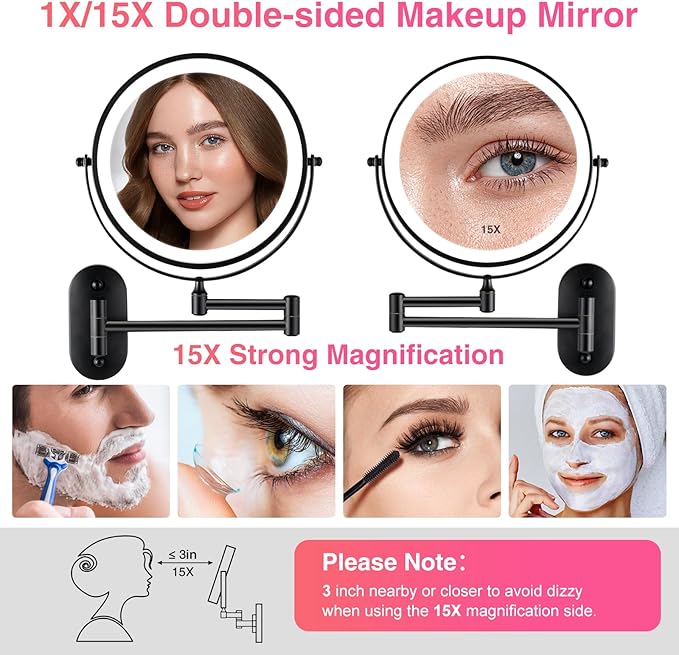 GREENFROM Magnifying Mirror with Lights 1x/15x Rechargeable: 8.5 inch Wall Mounted Lighted Makeup Mirror for Bathroom