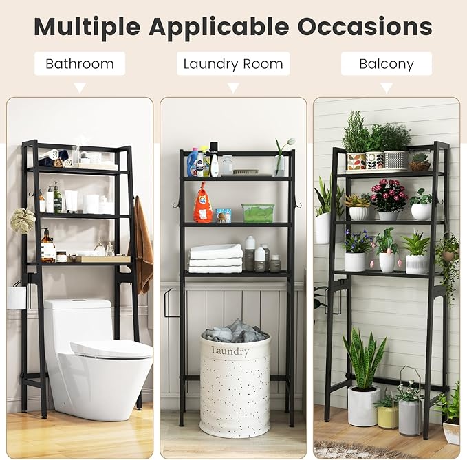 Nightcore Over-The-Toilet Storage, 3-Tier Freestanding Bathroom Organizer Shelf w/ 2 Hanging Hooks & Toilet Paper Holder, Multifunctional Metal Toilet Storage Rack for Bathroom Laundry (Black)