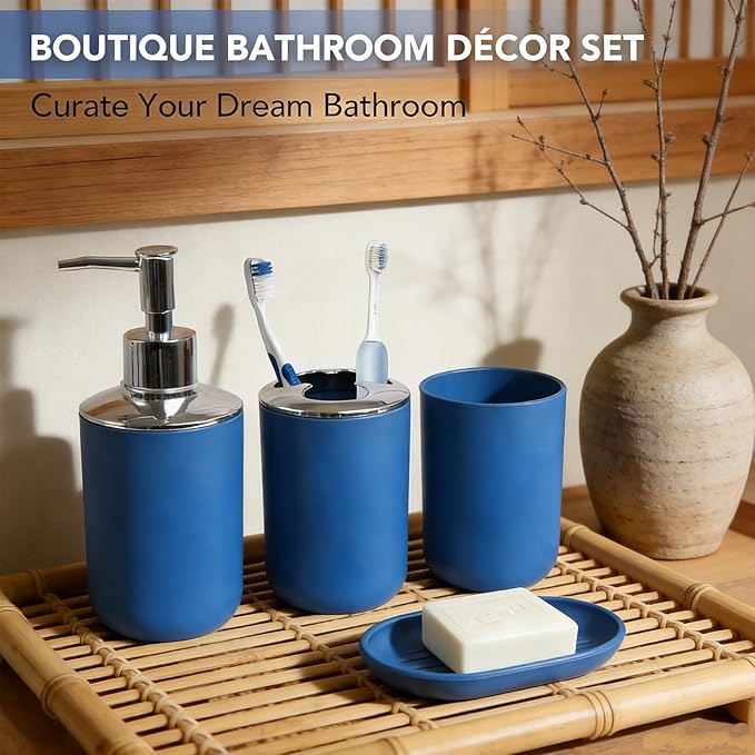 Matte Blue Bathroom Accessories Set, 4 Piece Plastic Bathroom Toothbrush Holder Set, Include Soap Dispenser, Toothbrush Holder, Rinse Cup, Soap Dish, Boho Blue Bathroom Decor for Home, Bathroom Set