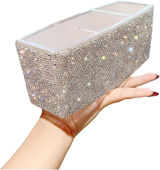 Luxury Bling Triple-Compartment Acrylic Makeup Brush Pen Holder – Creative and Stylish Desk Organizer Storage Box for Eyebrow Pencils, Lipsticks (Silver)