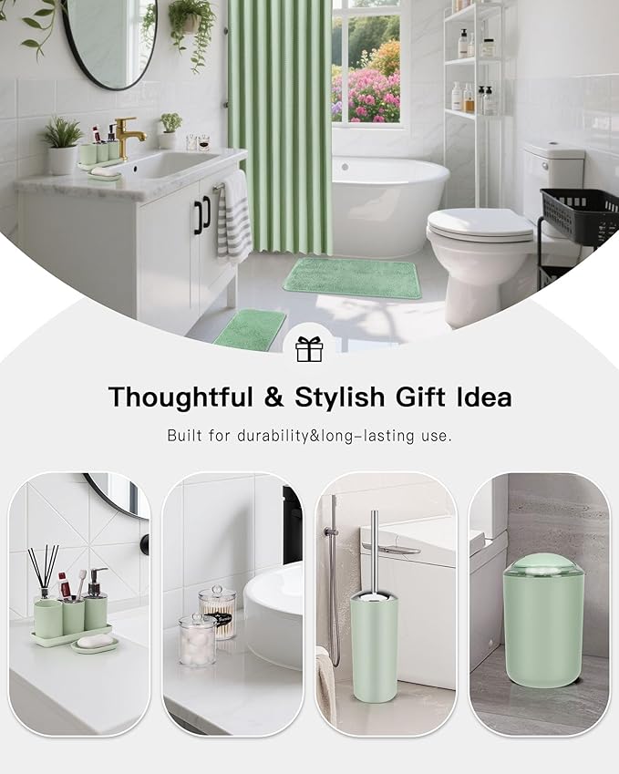 IMAVO Green Bathroom Accessories,Non Slip Absorbent Bathroom Rugs and Waterproof Shower Curtain with Hooks,Complete Bathroom Set for Bathroom Décor