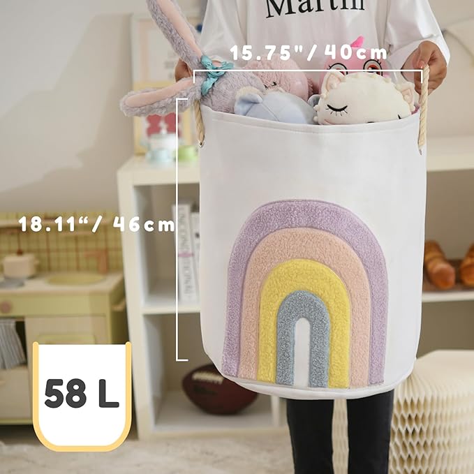 INough Pink Baby Hamper, XL Canvas 58L Laundry Basket with Drawstring Closure, Boho Rainbow Decor