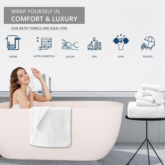 8 Piece Bathroom Towel Set White |2 Oversized Large Bath Towels Sheet,2 Hand Towels and 4 Washcloths| 600GSM Ultra Soft Luxury Premium Towel Set Highly Absorbent Quick Dry Hotel Towel Collection