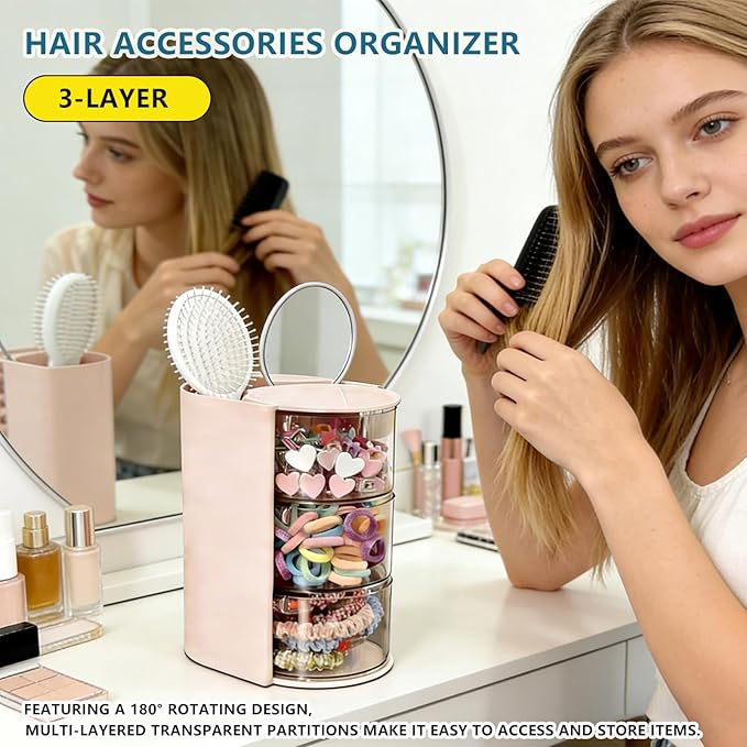 Hair Accessories Organizer With Hairbrush Holder, 3-Layer Clear Rotatable Hair Caddy And Brush Holder For Vanity, Holds Brushes, Ties, Bows, Clips & Jewelry Hair Tool Organizer Box(Pink)