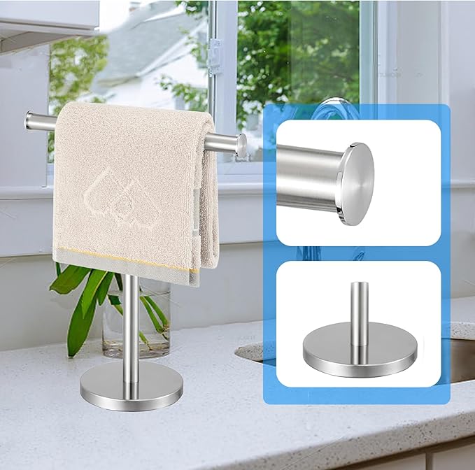15IN Hand Towel Holder,T-Shape Hand Towel Holder Standing,Stainless Steel Hand Towel Rack for Bathroom Kitchen Countertop,Tower Bar for Kitchen Free Standing Hand Towel Rack (Silver)