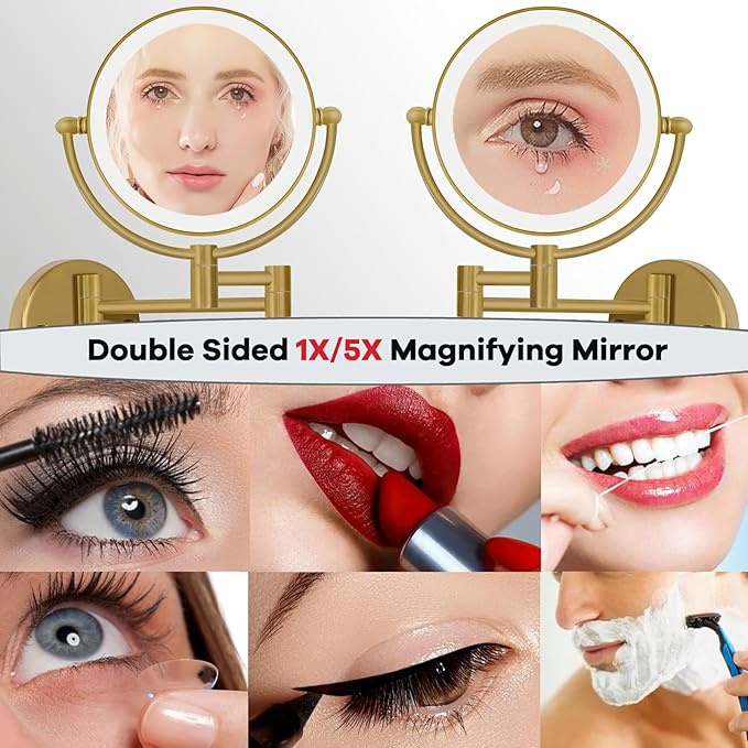 Lighted Makeup Mirror Wall Mount, 5X LED Double Sided Bathroom Magnifying Mirror with Light, Touch Sensor Dimming, Extendable Swing Arm 360 Swivel Shaving Cosmetic Mirror