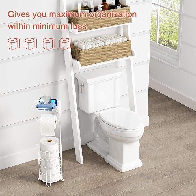 Goozii White Toilet Paper Holder Stand with Shelf, Free Standing Bathroom Tissue Holder for Large Mega Rolls, Metal Floor Toilet Paper Roll Holder with Wipes Storage and Phone Tray (White)