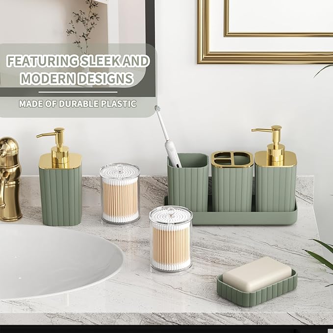XLHOMO Bathroom Accessory Set - 26PC Bathroom Shower Curtain and Rug Set, Bathroom Accessories Set, Sage Green Bathroom Set with Trash Can, Toilet Brush, Qtip Holder & Soap Dispenser