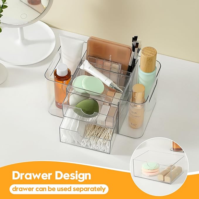 Hair Accessories Organizer for Girls & Women, 2-Drawer Clear Plastic Hair Brush Holder with 3 Compartments, Vanity Countertop Makeup Organizer for Hair Ties, Clips & Bobby Pins