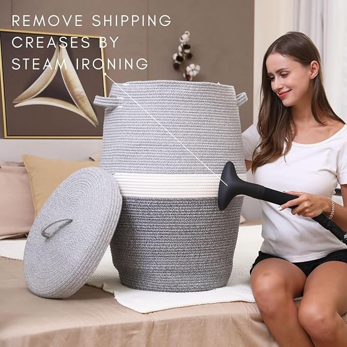 26"x20" Handcrafted Tall Cotton Rope Basket with Lid, Stylish Flagon Shape with Cover, Clothes Hamper with Top, for Bedroom and Living Room, Dual Grey