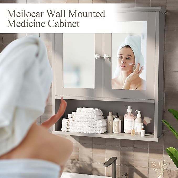 Meilocar Bathroom Wall Cabinet with Mirror, Bathroom Mirror Cabinet Wall Mounted, Over Toilet Medicine Cabinets with Adjustable Shelf, Large Capacity, Grey