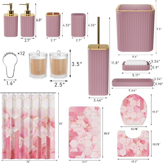 XLHOMO Bathroom Set - 26PC Bathroom Set with Shower Curtain and Rugs, Bathroom Accessory Set, Pink Bathroom Accessories Set, Trash Can & Soap Dispenser