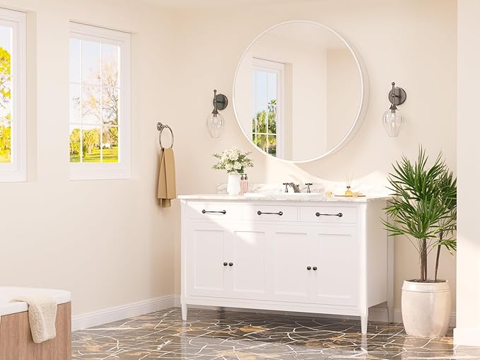 TETOTE Bathroom Mirror Cabinet 30 x 30 White Round Bathroom Medicine Cabinet with Mirror Adjustable Shelves Farmhouse Wall Mirror with Storage Surface Mounted