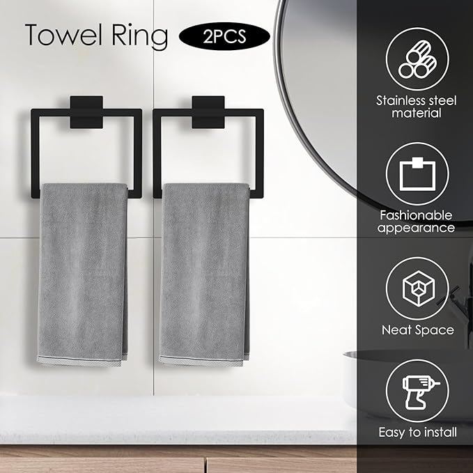 Square Towel Ring for Bathroom, Matte Black Hand Towel Holder Wall Mount, Modern Towel Ring for Guest Bath, Black Bathroom Hardware, Towel Rings for Wall, Rust-Proof Finish 2Pcs