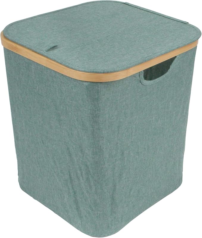 Foldable Bamboo Laundry Hamper with Lid - Decor Essentials for Any Room - Medium - Square - Green