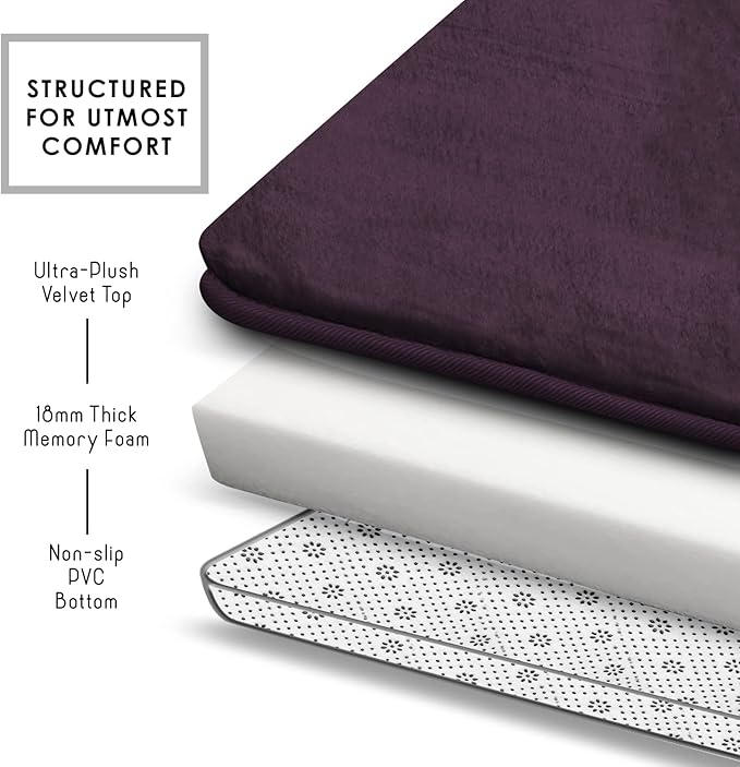 Clara Clark Bathroom Rugs, Velvet Memory Foam Bath Mat, Non-Slip, Machine Washable Bath Rugs - Dries Quickly, Ultra Soft Plush Bath Mats for Bathroom, 20 x 24, Dark Purple