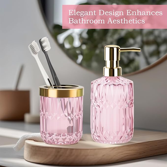 Glass Bathroom Accessories Set, 2PCS Clear Glass Bathroom Accessory, Toothbrush Holder and Soap Dispenser Set for Modern Bathroom Decor(Pink)