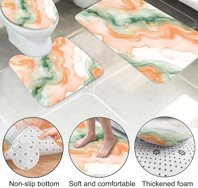 Lnond 4Pcs Marble Bathroom Sets with Shower Curtain and Rugs, Orange Green Marble Modern Art Bathroom Shower Curtain Sets with Rugs and Accessories