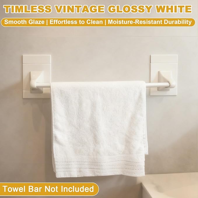 2 Packs White Ceramic Porcelain Towel Bar Brackets - Vintage Retro Mid Century Modern Wall/Tile Mount Flat Back Towel Rack Post Holder Set for Bathroom Kitchen Accessories | Rod Not Included