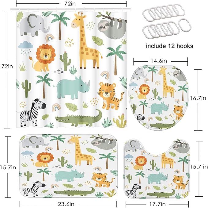 ArtSocket Cute Hippo Crocodile Bathroom Set with Shower Curtain and Rugs Accessories Lion Elephant Giraffe Shower Curtain Set Childish Colorful Bathroom Decor 4 Pcs
