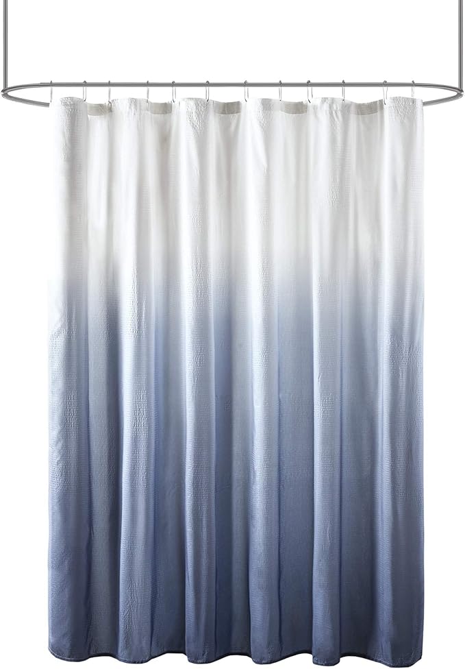 Madison Park Ara Shower Curtain, Seersucker Design Ombre Print, Modern Bathroom Decor, Machine Washable, Fabric Privacy Screen, 72x72, Blue