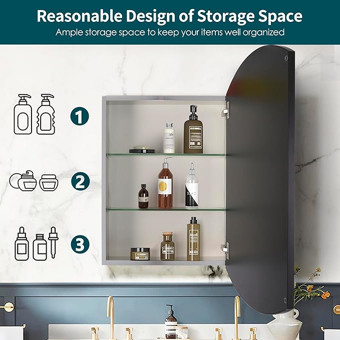 Movo Oval Aluminum Medicine Mirror Cabinet,16" W x 26" H Black Framed Farmhouse Medicine Cabinet with Mirrored Door,Recess or Wall Mount Bathroom Mirrored Cabinet,Adjustable Glass Shelves
