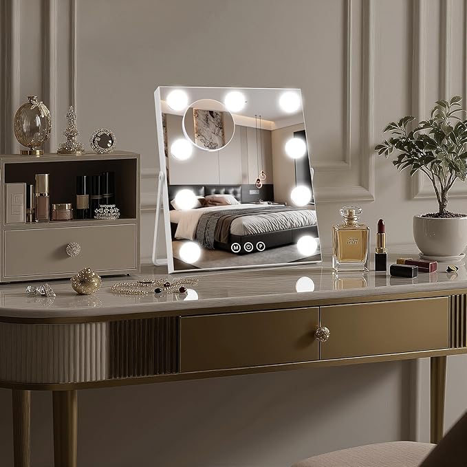 Rechargeable Vanity Mirror with Lights, 16"×10" Hollywood Makeup Mirror with 9 Dimmable Bulbs, 3000mAH Battery, 3-Color Lighting, Dimmable, 10x Magnification, Desk Mirror, Dorm Room Essentials (White)