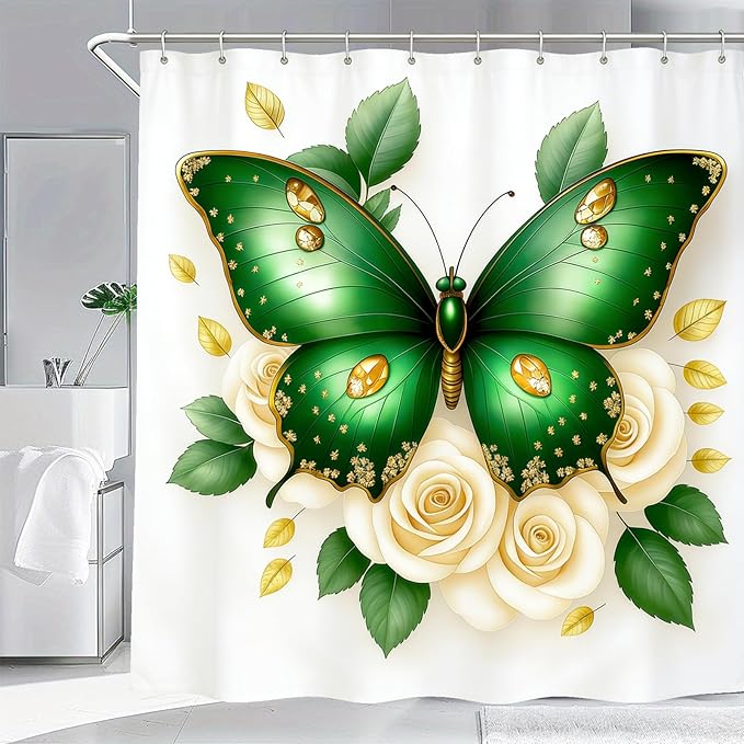 Dreamrflove Butterfly Shower Curtain, 1 Itembutterfly Shower Curtains for Bathroom, Green Butterfly Floral Shower Curtain, 72x72 Inch Waterproof Polyester Insulated Home Decor