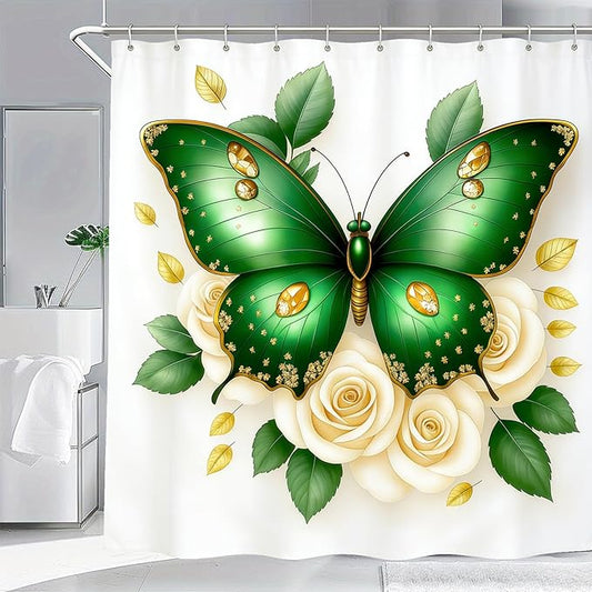 Dreamrflove Butterfly Shower Curtain, 1 Itembutterfly Shower Curtains for Bathroom, Green Butterfly Floral Shower Curtain, 72x72 Inch Waterproof Polyester Insulated Home Decor