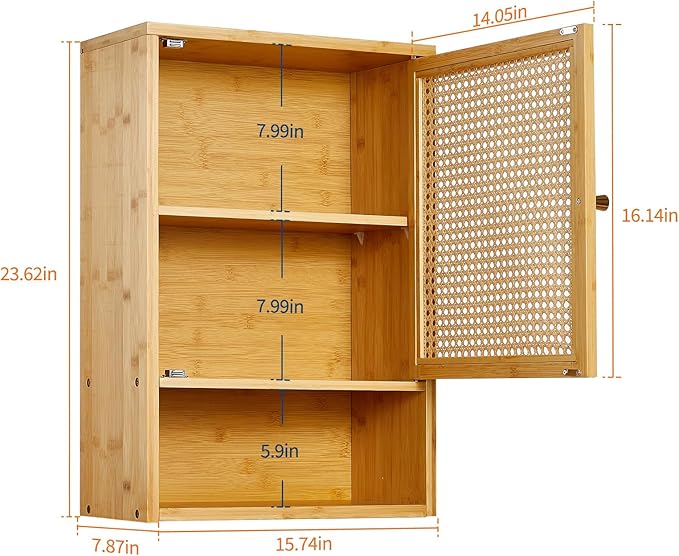 Bathroom Wall Cabinet, Bamboo Medicine Cabinet with Rattan Doors, Adjustable Shelf, Wall Mounted Storage Cabinet for Bathroom, Kitchen, Laundry Room Natural