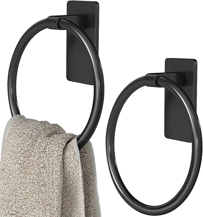 Adhesive Towel Holder, Hand Towel Holder for Bathroom, Self Adhesive Hand Towel Rings, Black, 2 Pack