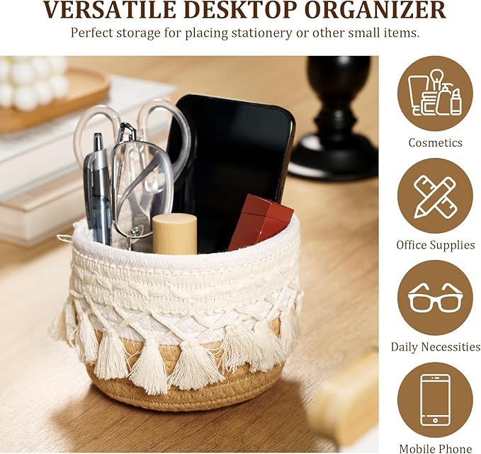 HEAVYWOOD Macrame Makeup Brush Holder Organizer 4.7''x3.9'' Mini Makeup Containers Boho Small Round Storage Basket Tassels Fringe Decorative Pencil Holder Set of 2 (4.7''x3.9'', Khaki)