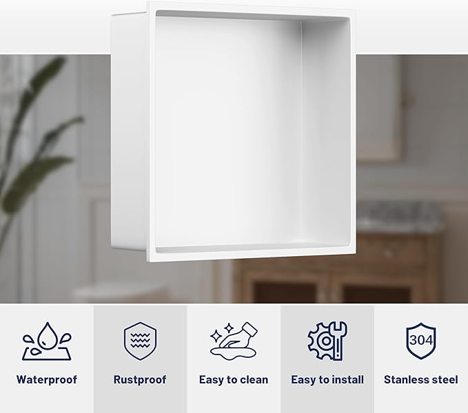 White Shower Niche, Stainless Steel Wall Niche 12"X12", No Tile Needed Recessed Inserted Niche Shower for Bathroom, Living Room, Kitchen for Storage