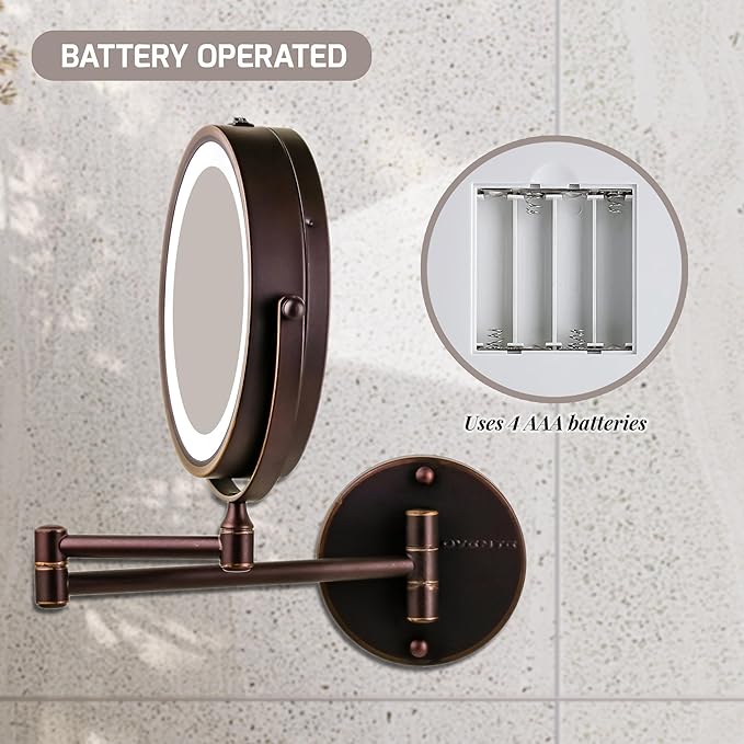 OVENTE Wall Mounted Lighted Makeup Mirror, 7" Double Sided 1X/10X Magnifying Vanity Mirror for Bathroom with LED Lights, Cordless, 360° Rotation and 13" Extendable Arm, Antique Bronze MFW70ABZ1X10X