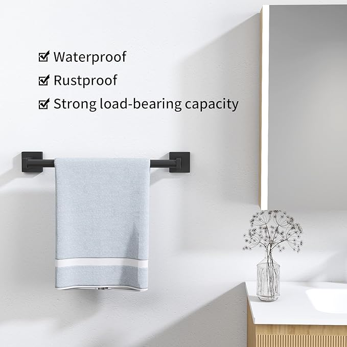MKO Towel Bar for Bathroom, Black Hand Towel Holder Rod with Metal, 16" Towel Racks for Bathroom Hanger Wall Mounted for Kitchen Home, 2 Pack
