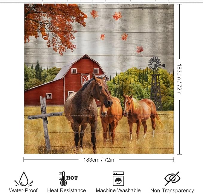 Rustic Farmhouse Horse 4 Pcs Waterproof Shower Curtain Set,Retro Wooden Barn Western Farm Animals Horses Windmills with Waterproof Toilet Cover Shower Mat Rugs