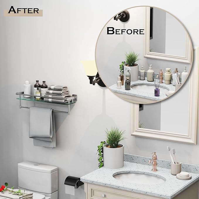 24 Inches Floating Glass Shelves for Wall with Towel Bar/Track, SUS 304 Stainless Steel Railing Tempered Glass Shelf, for Toilet, Room Decor Modern (Chrome Polished, 24-inch)