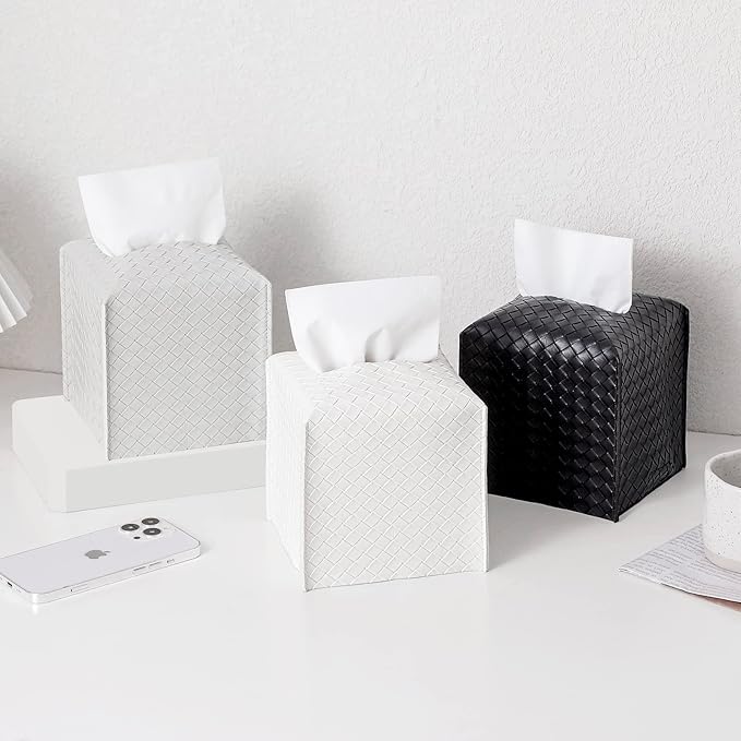 Tissue Box Cover PU Leather Tissue Holder Square Facial Tissue Case Facial Paper Organizer Dispenser for Bathroom, Vanity Countertop, Tabletop, Car, Misty Gray