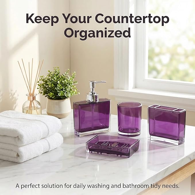 Bathroom Accessories Set, Acrylic Bathroom Accessory Set with Soap Dispenser,Soap Dish, Toothbrush Holder, Tumbler, Modern Bathroom Accessories Decor,Gift for Home (Purple-4)