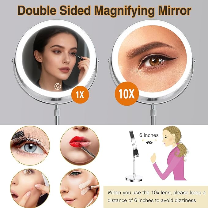 Makeup Mirror with Lights and Magnification, Electric Lighted Standing Mirror with 10x Magnification, Magnifying Mirror with Light for the Bathroom, 360° Rotation & Height Adjustable