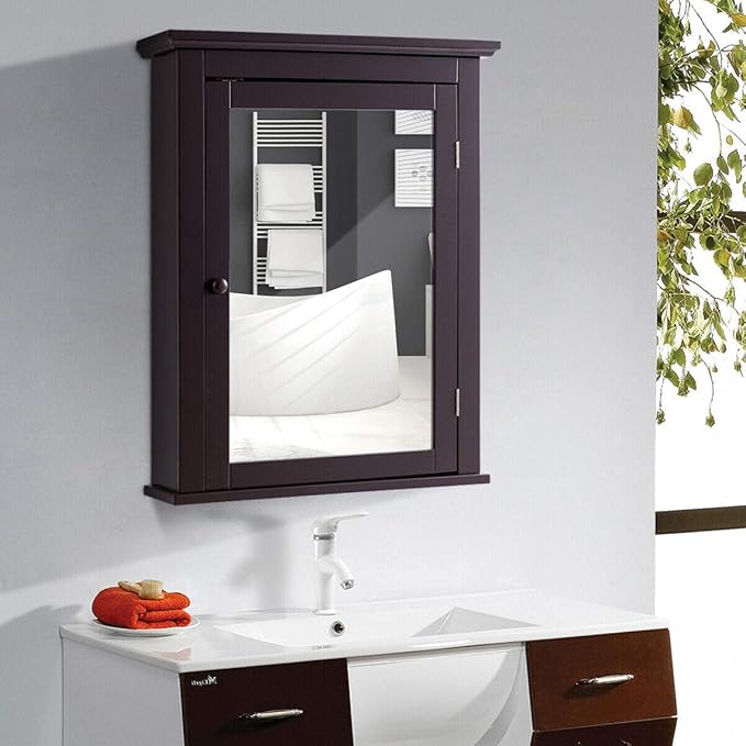 Tangkula Bathroom Cabinet with Mirror, Mirrored Wall-Mounted Storage Medicine Cabinet w/Single Door & Adjustable Shelf in 5 Positions, Multipurpose Wall Cabinet for Bathroom (Brown)