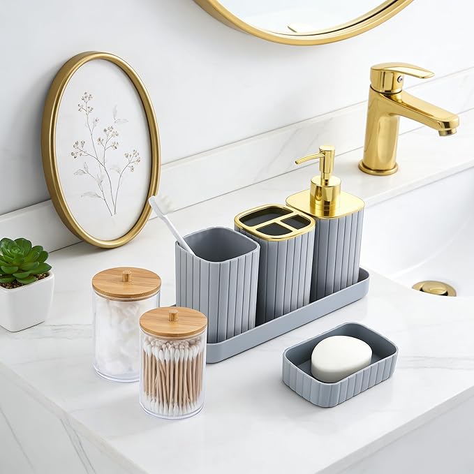 Grey Bathroom Accessory Set-9PC Set with Toilet Brush, Trash Can, Soap Dispenser, Q-Tip Holder | Modern Home Bath Essentials (Grey, Bath Set)